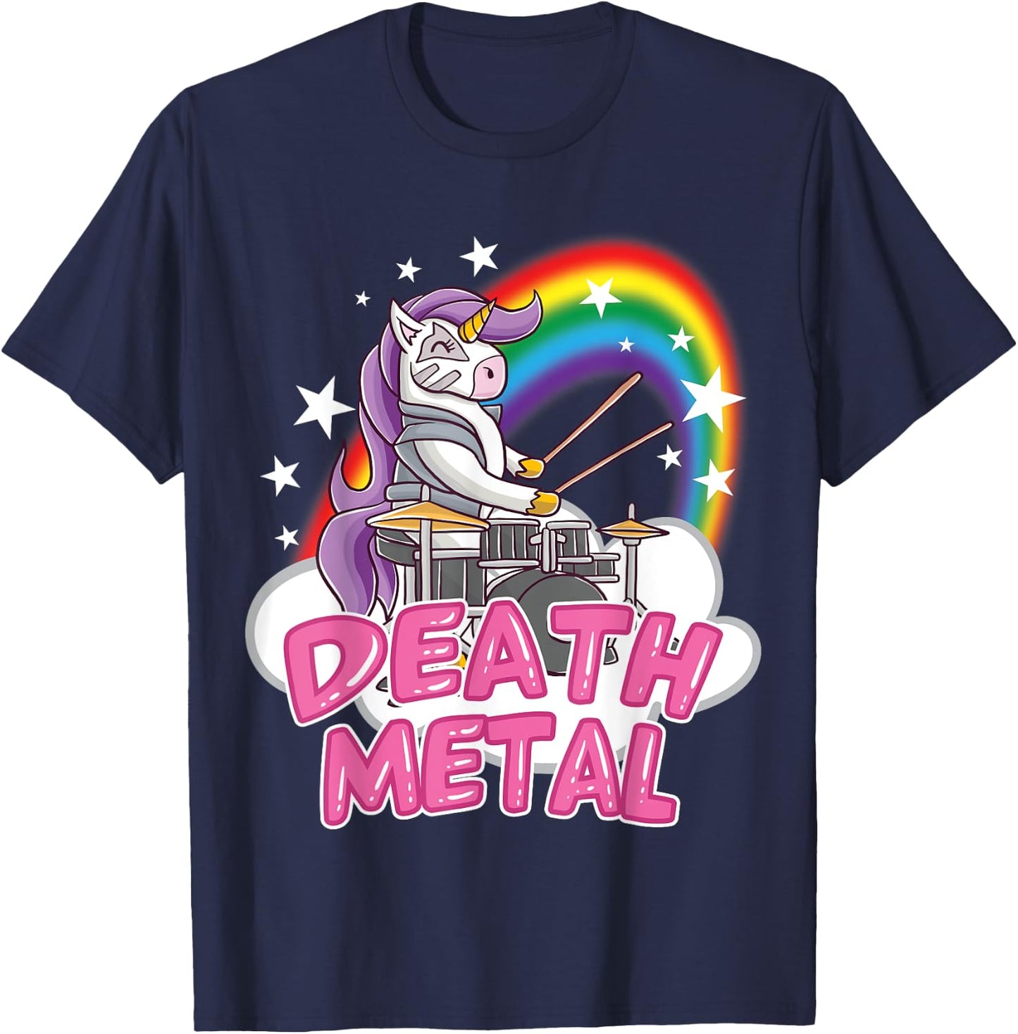 Death Metal Pink Unicorn Rock Music Band Drums Drummer T-Shirt - T-Shirt | Navy