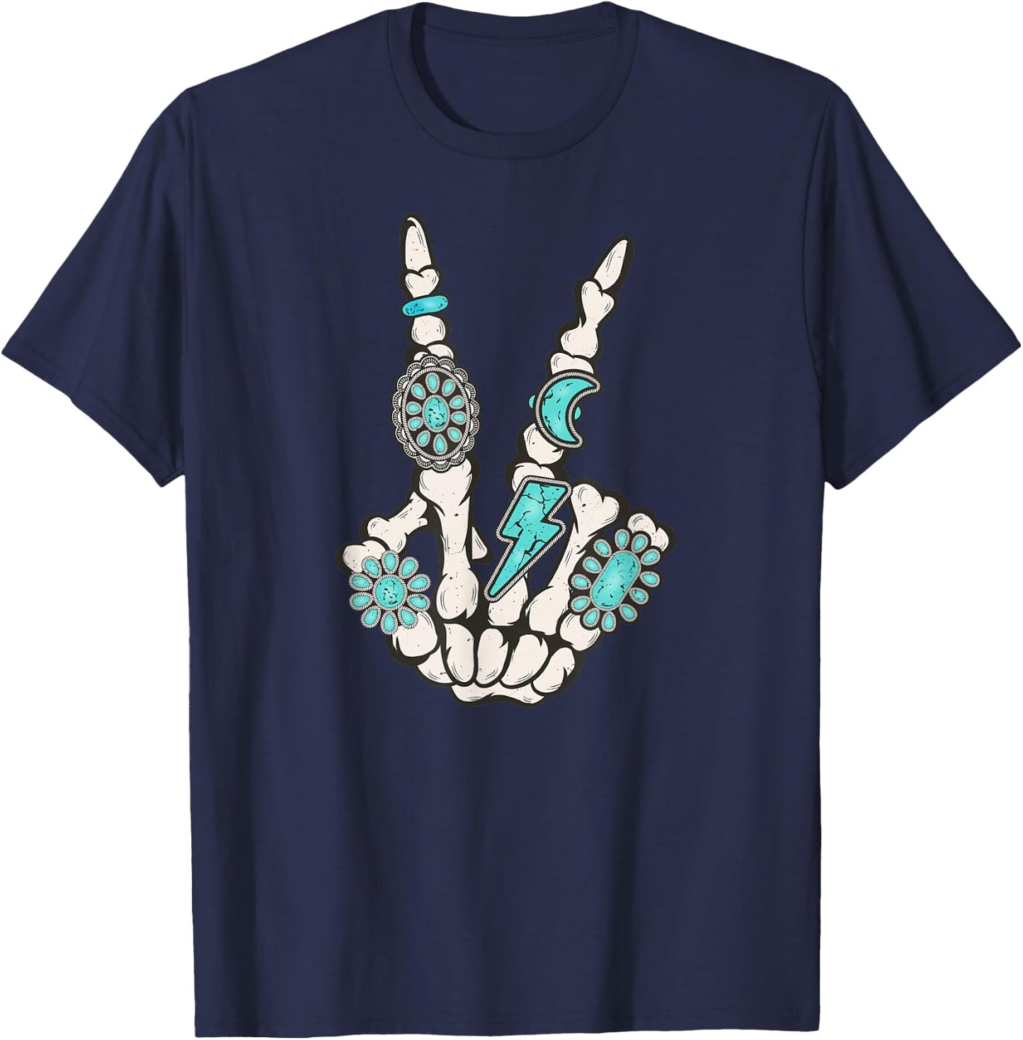 Skeleton Turquoise Hand Western Vibes Rodeo Cowboy Cowgirl T-Shirt - T-Shirt | Navy