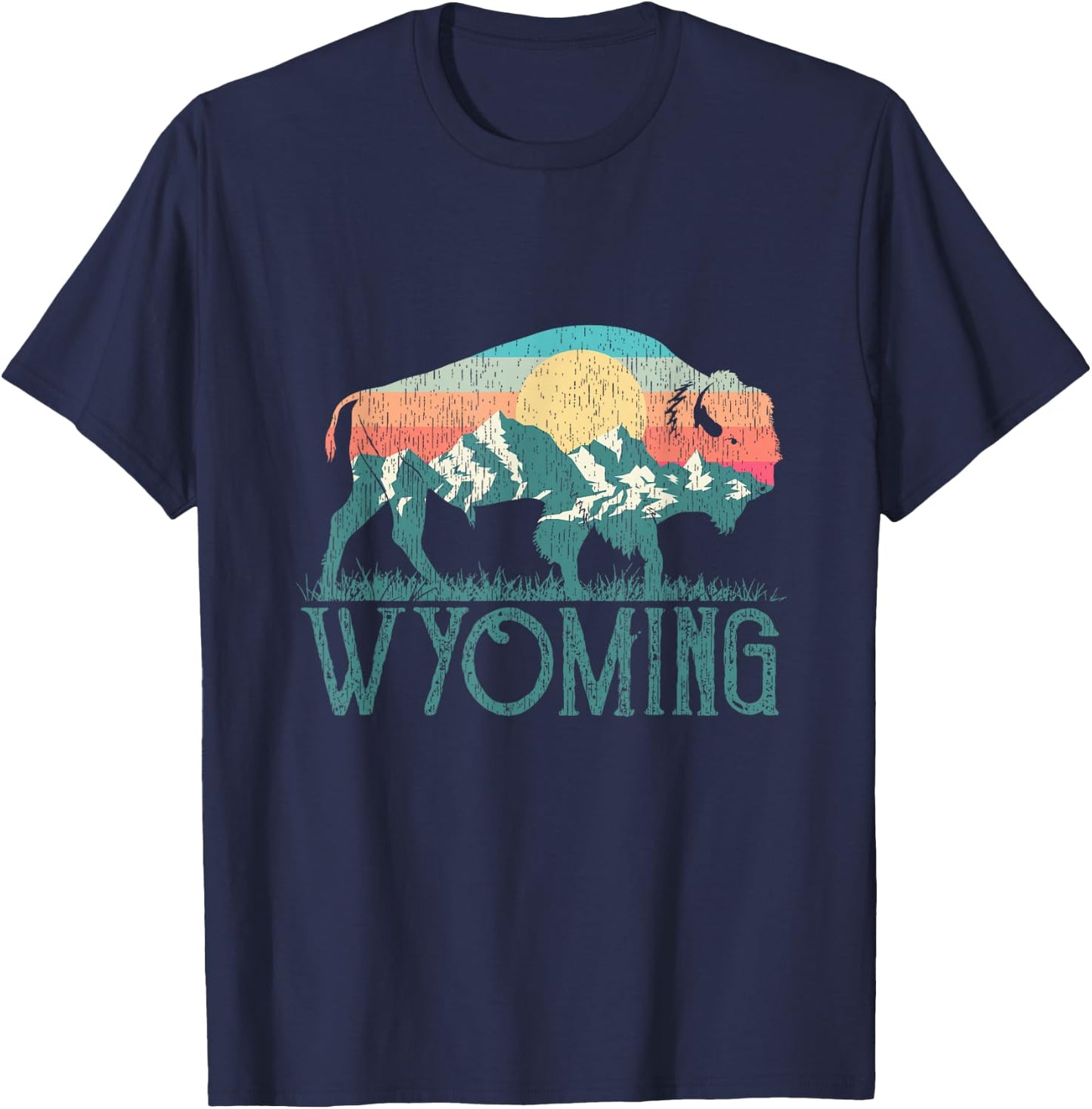 Bison Buffalo Retro Wyoming WY Mountains Retro T-Shirt - T-Shirt | Navy