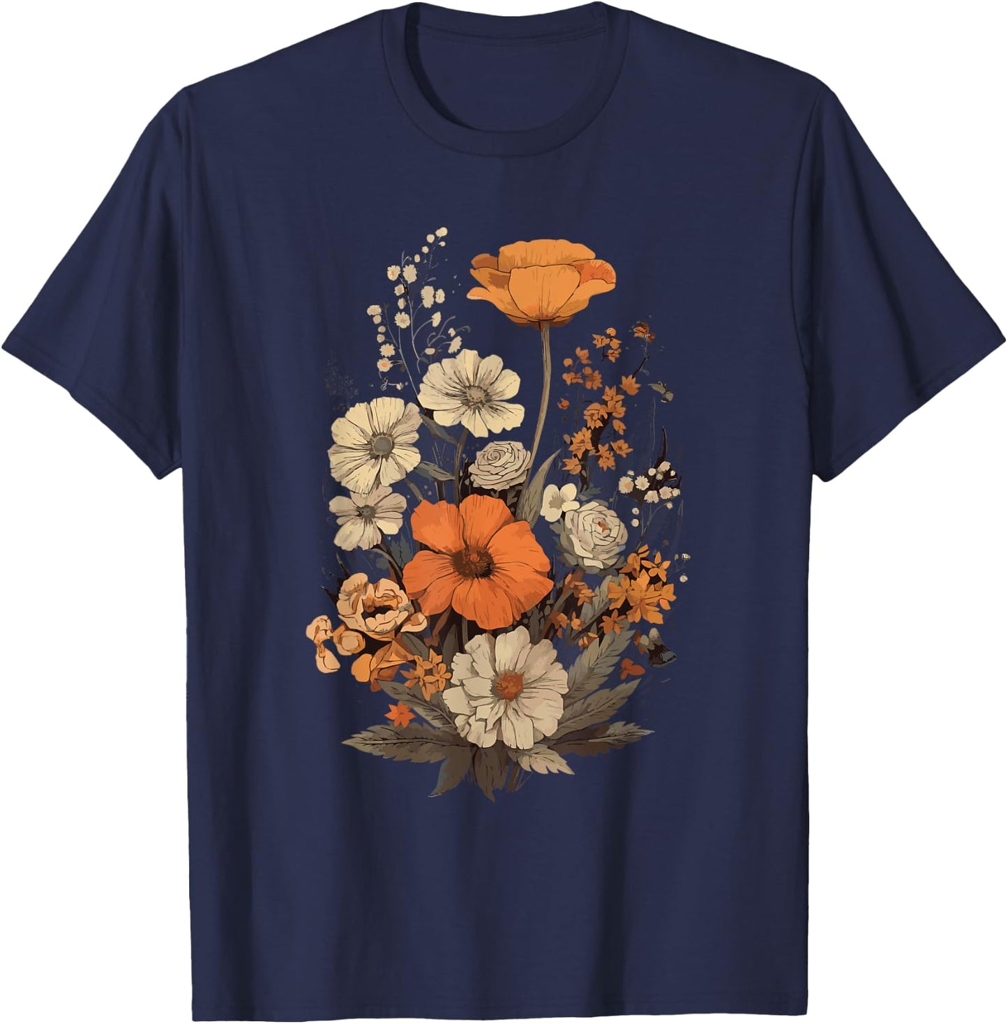 Vintage Flowers Floral Pressed Flower T-Shirt - T-Shirt | Navy