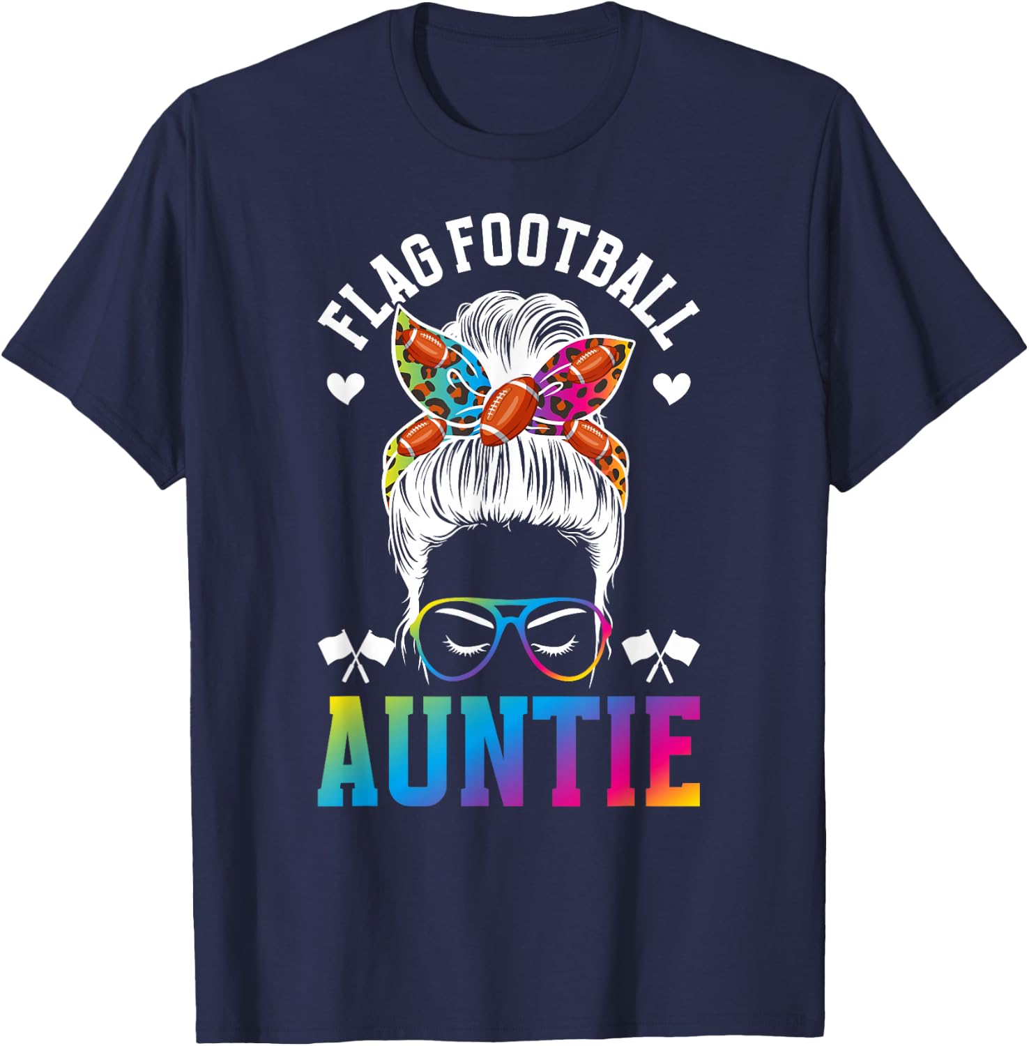 Flag Football Auntie Messy Bun Flag Football Player Aunt T-Shirt - T-Shirt | Navy