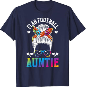 Flag Football Auntie Messy Bun Flag Football Player Aunt T-Shirt - T-Shirt | Navy