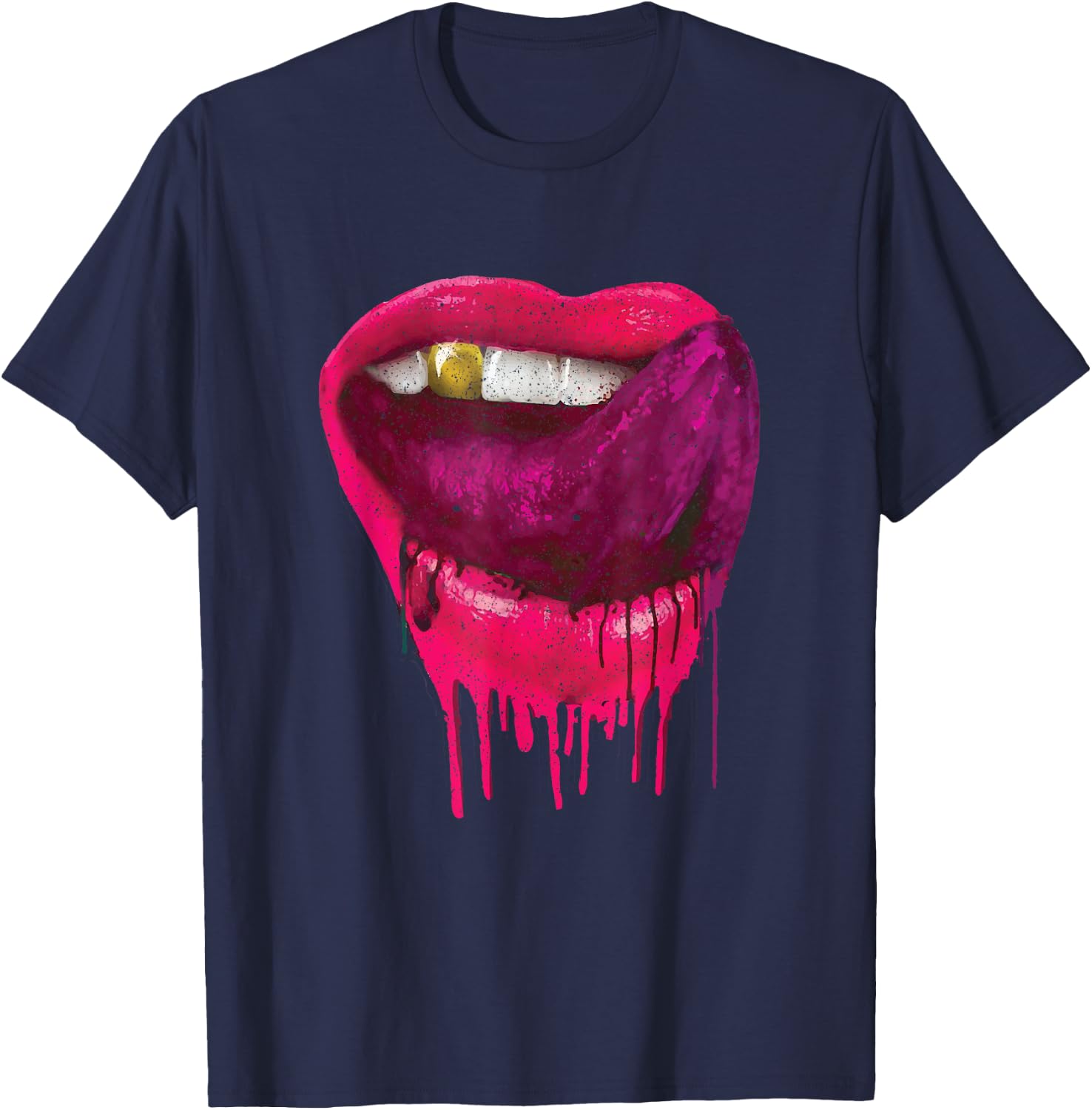 Hot Pink Lips Mouth Tongue Out - Cool Vintage Retro T-Shirt - T-Shirt | Navy