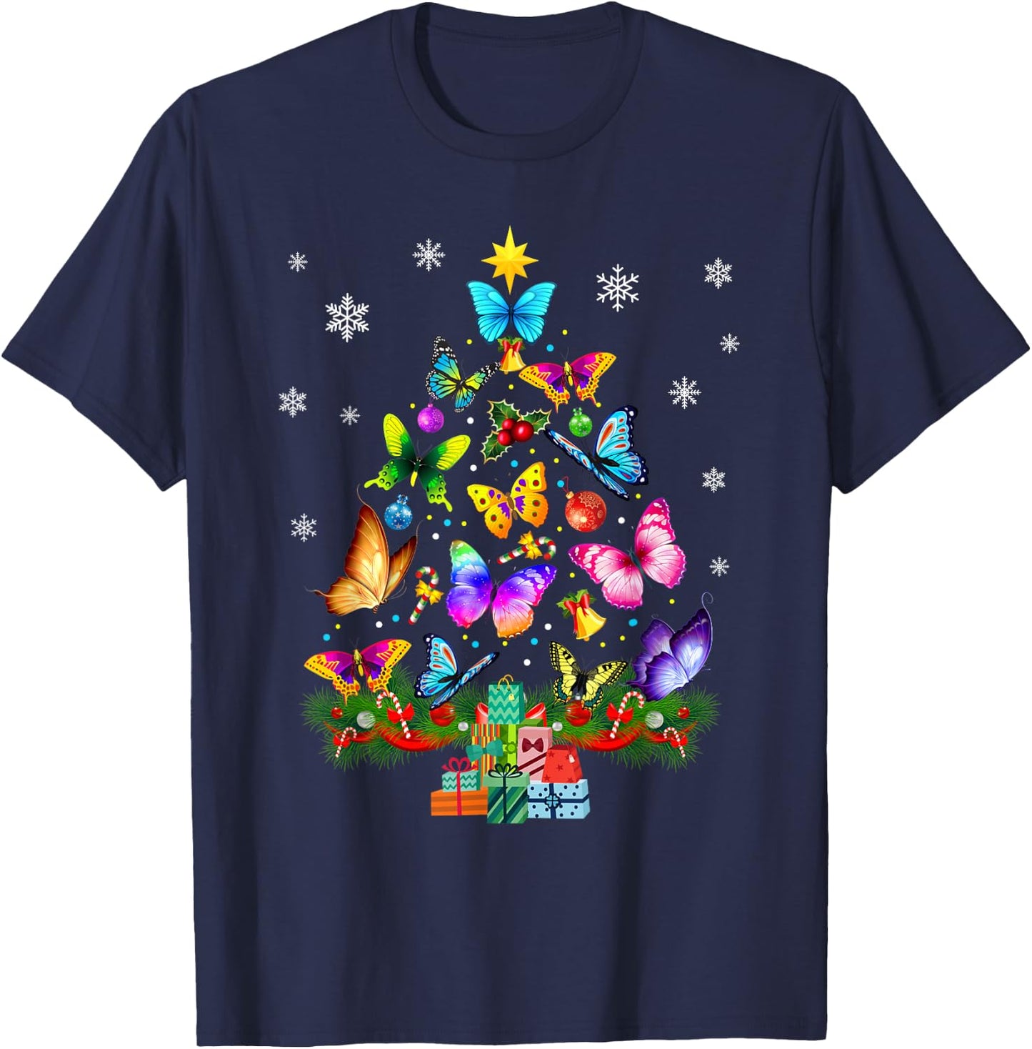 Butterfly Christmas Tree Lights Girl Women Cute Butterfly T-Shirt - T-Shirt | Navy