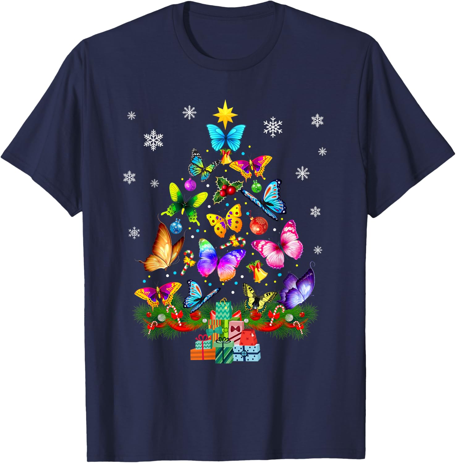 Butterfly Christmas Tree Lights Girl Women Cute Butterfly T-Shirt - T-Shirt | Navy