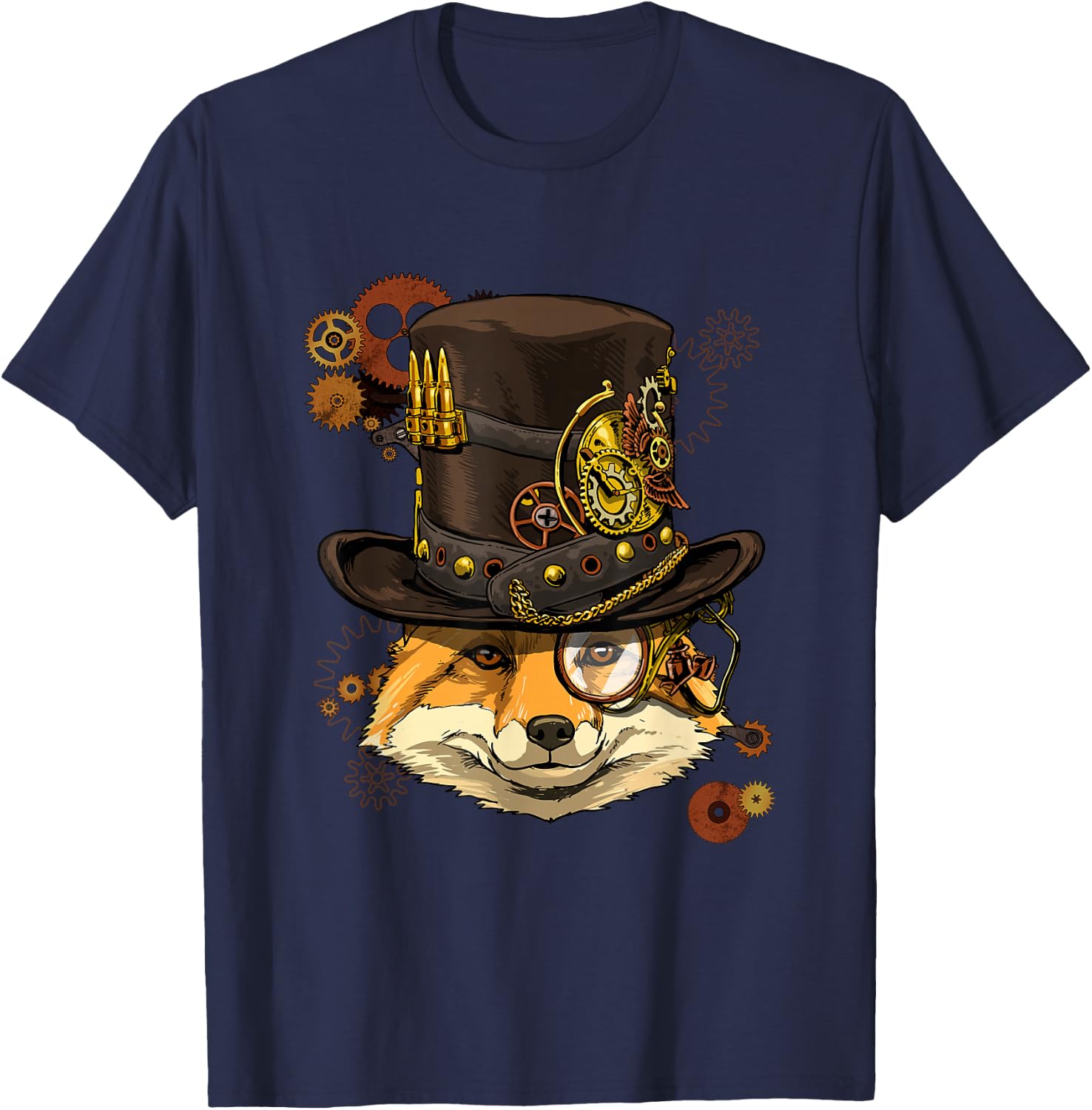 Fox Shirt Steampunk Gears Fox Animal Face Medieval Fox Lover T-Shirt - T-Shirt | Navy