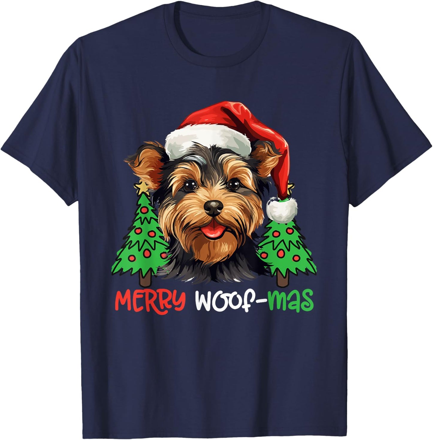 Yorkshire Terrier Yorkie Merry Woof-mas Christmas X-mas T-Shirt - T-Shirt | Navy