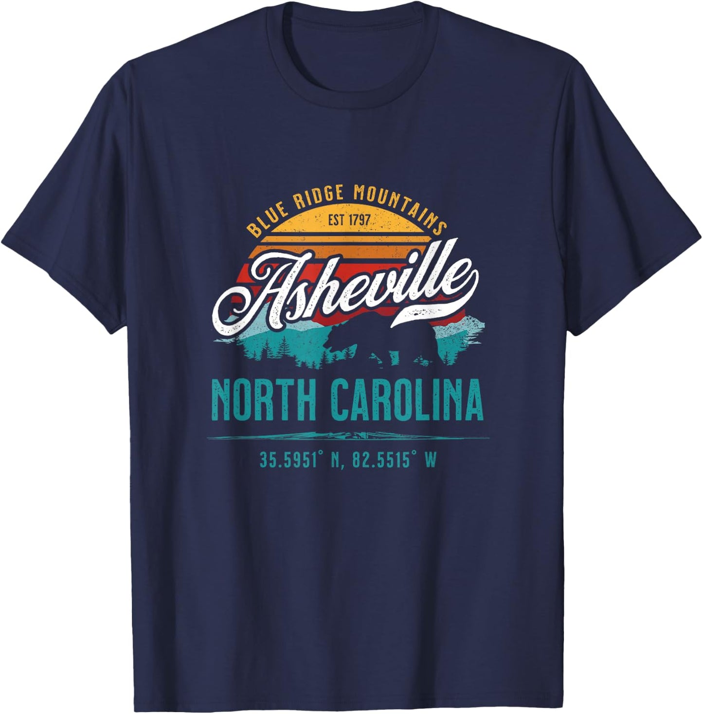 Asheville North Carolina Retro Sunset Blue Ridge Mountains T-Shirt - T-Shirt | Navy