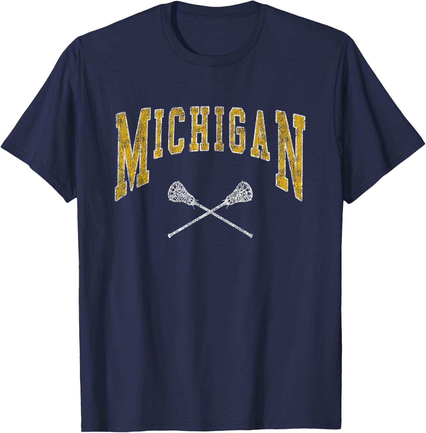 Michigan Lacrosse Vintage LAX Players and fans Vintage Michigan Lacrosse Distressed LAX Player Michigan Fan T-Shirt - T-Shirt | Navy
