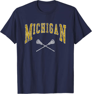 Michigan Lacrosse Vintage LAX Players and fans Vintage Michigan Lacrosse Distressed LAX Player Michigan Fan T-Shirt - T-Shirt | Navy