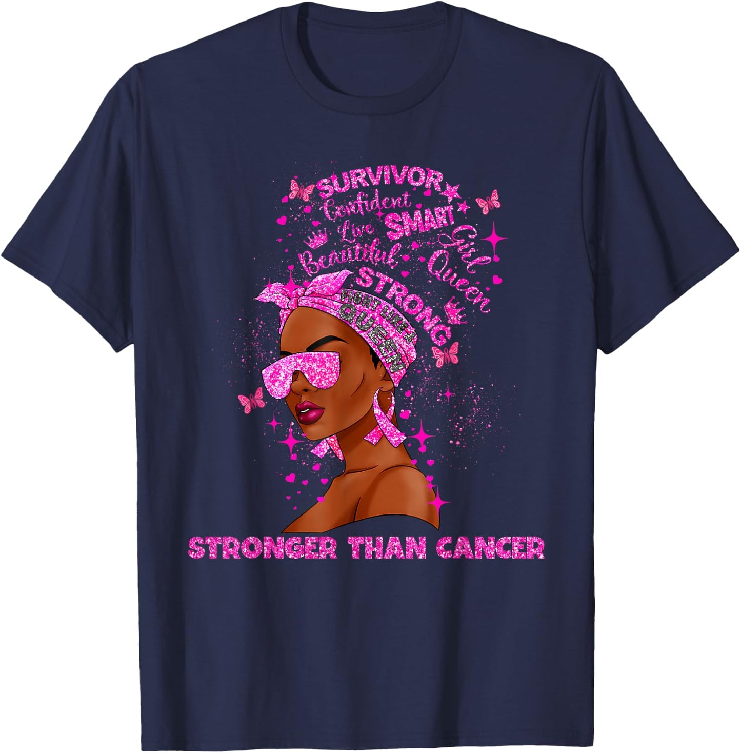 Black Women Queen Stronger Than Breast Cancer Pink Ribbon T-Shirt - T-Shirt | Navy