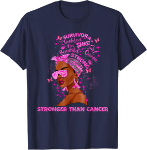 Black Women Queen Stronger Than Breast Cancer Pink Ribbon T-Shirt - T-Shirt | Navy