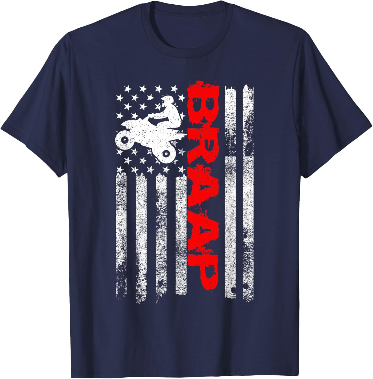 Cool Four Wheeler & ATV Gift Ideas Vintage USA American Flag Quad Bike ATV Gift - Black, , Small, Short Sleeve, , Letter Print, Motorcycle Theme T-Shirt - T-Shirt | Navy