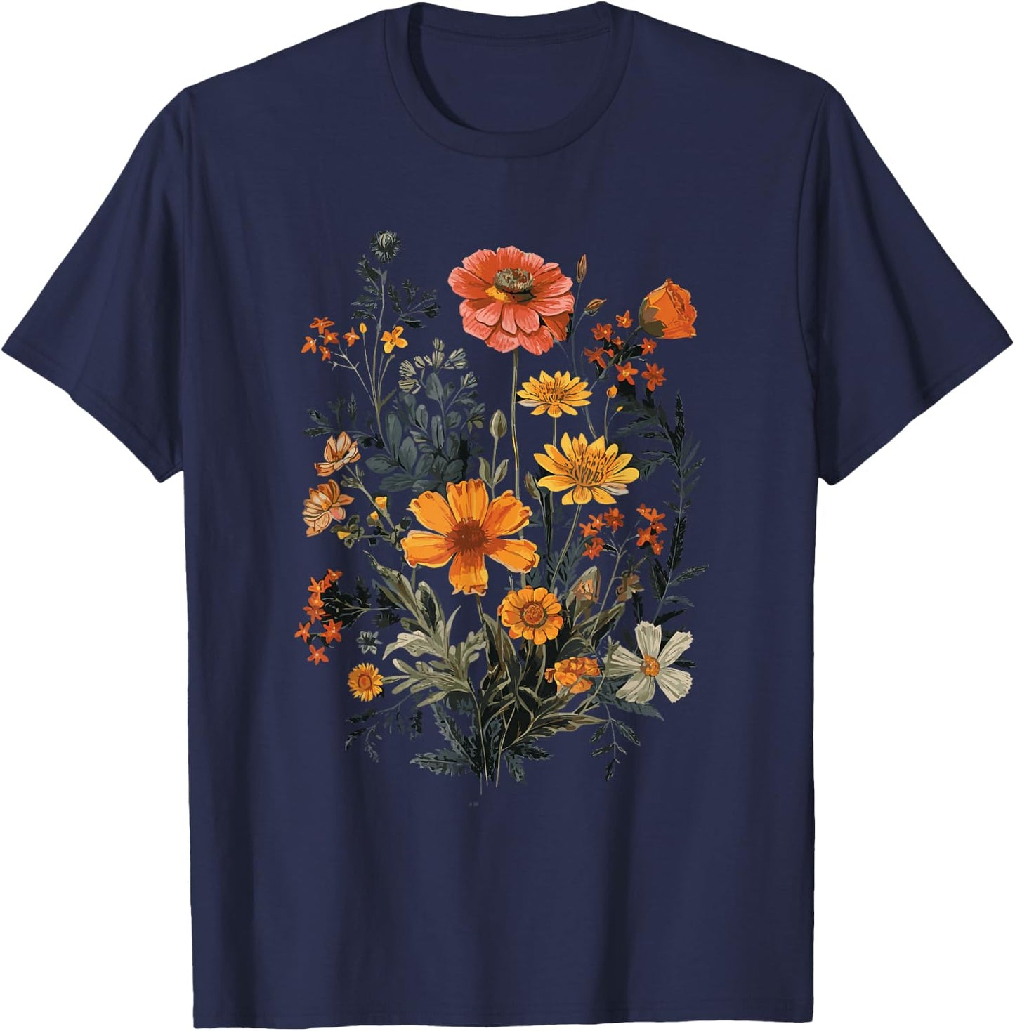 Vintage Flowers Floral Pressed Flower T-Shirt - T-Shirt | Navy