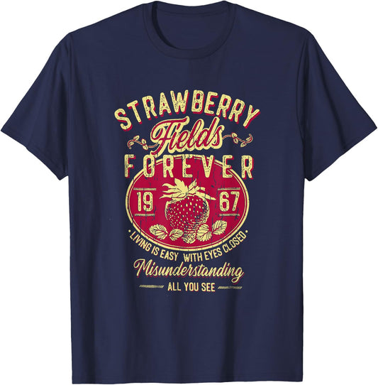 Is Easy With Eyes Closed Misunderstanding Strawberry Fields Forever Living, Retro Band , Small, Black T-Shirt - T-Shirt | Navy