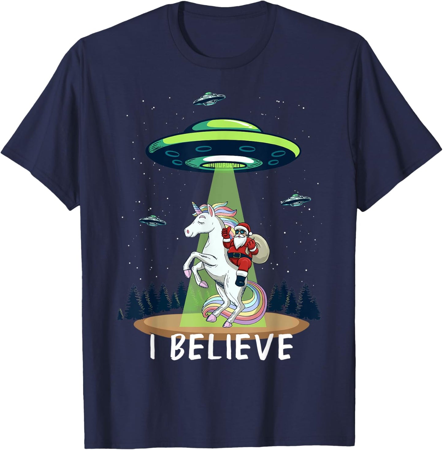 Santa Claus Riding Unicorn Alien space UFO Christmas Design T-Shirt - T-Shirt | Navy