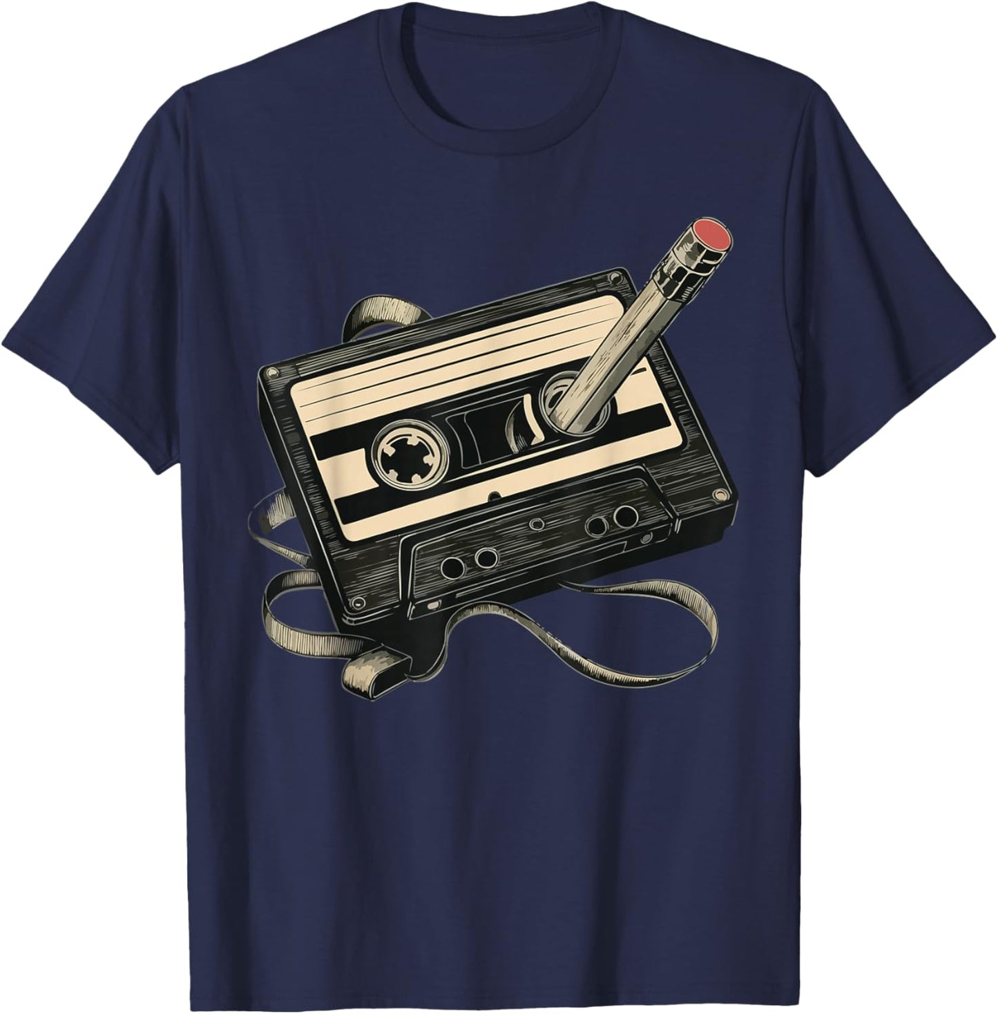 Retro Cassette Tape with Pencil Rewind T-Shirt - T-Shirt | Navy