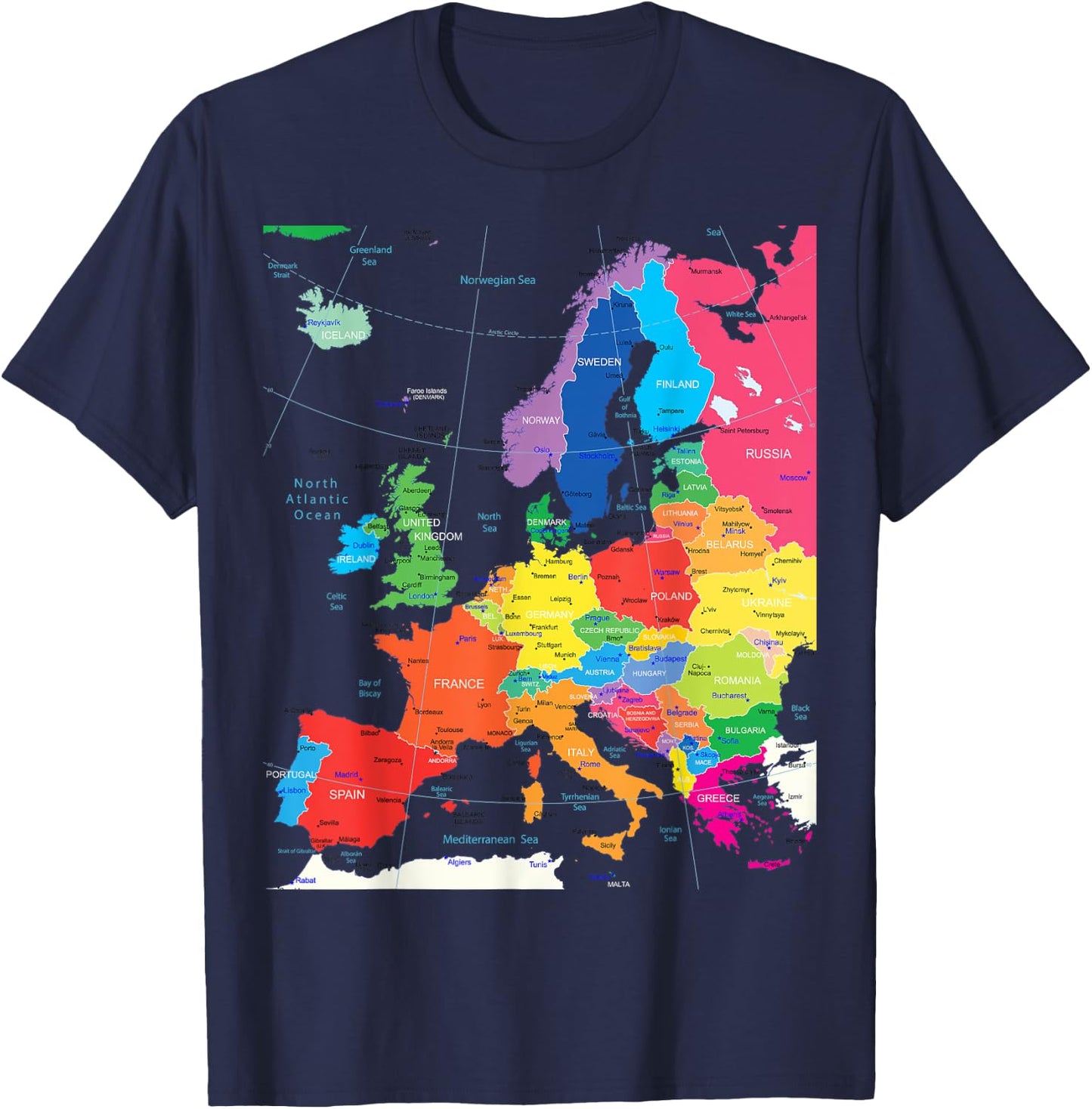 Map of Europe with Border, Countries, Capitals, Large Cities T-Shirt - T-Shirt | Navy
