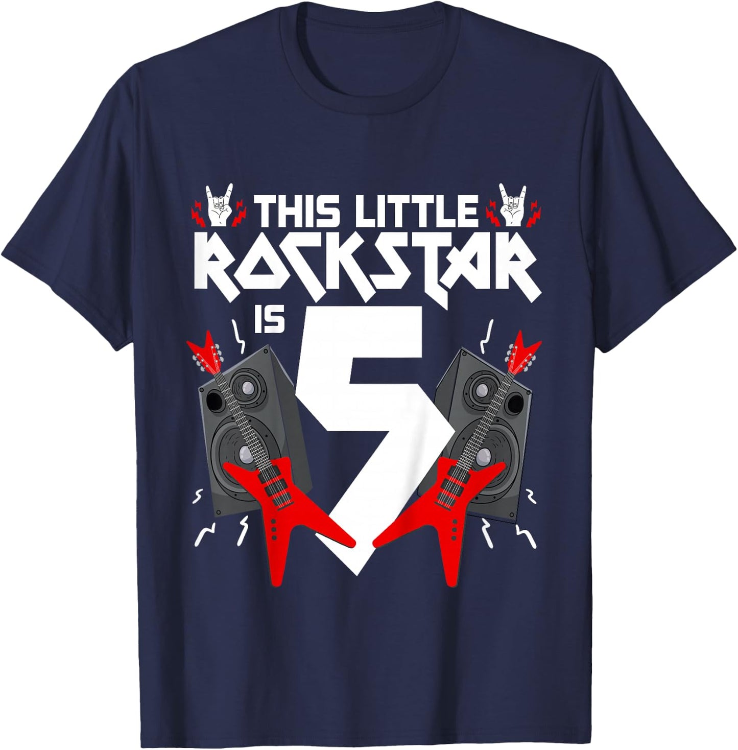 5 Year Old Rock And Roll Star Birthday Party Guitar 5th Gift T-Shirt - T-Shirt | Navy