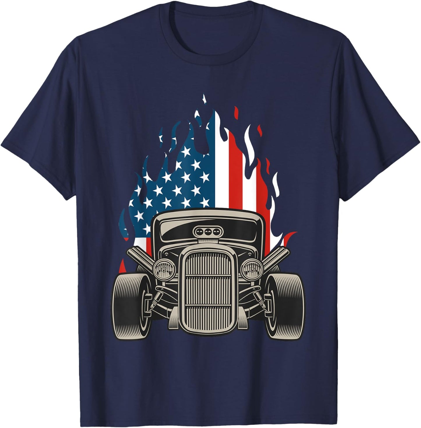 American Flag Vintage Hot Rod Veteran Memorial Day July 4 T-Shirt - T-Shirt | Navy