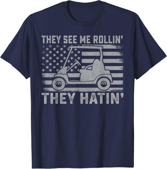 Funny Golfer Dad Husband US Flag They See Me Rolling T-Shirt - T-Shirt | Navy
