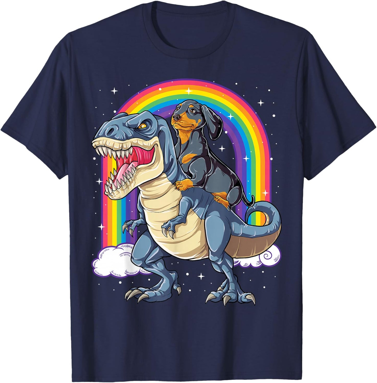 Dachshund Riding Dinosaur T-rex Gifts Boys Kids Men Rainbow T-Shirt - T-Shirt | Navy