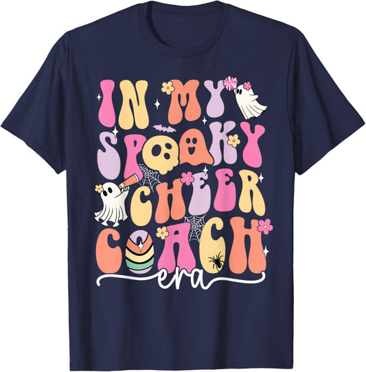 In My Spooky Cheer Coach Era Halloween Ghost Floral Groovy T-Shirt - T-Shirt | Navy