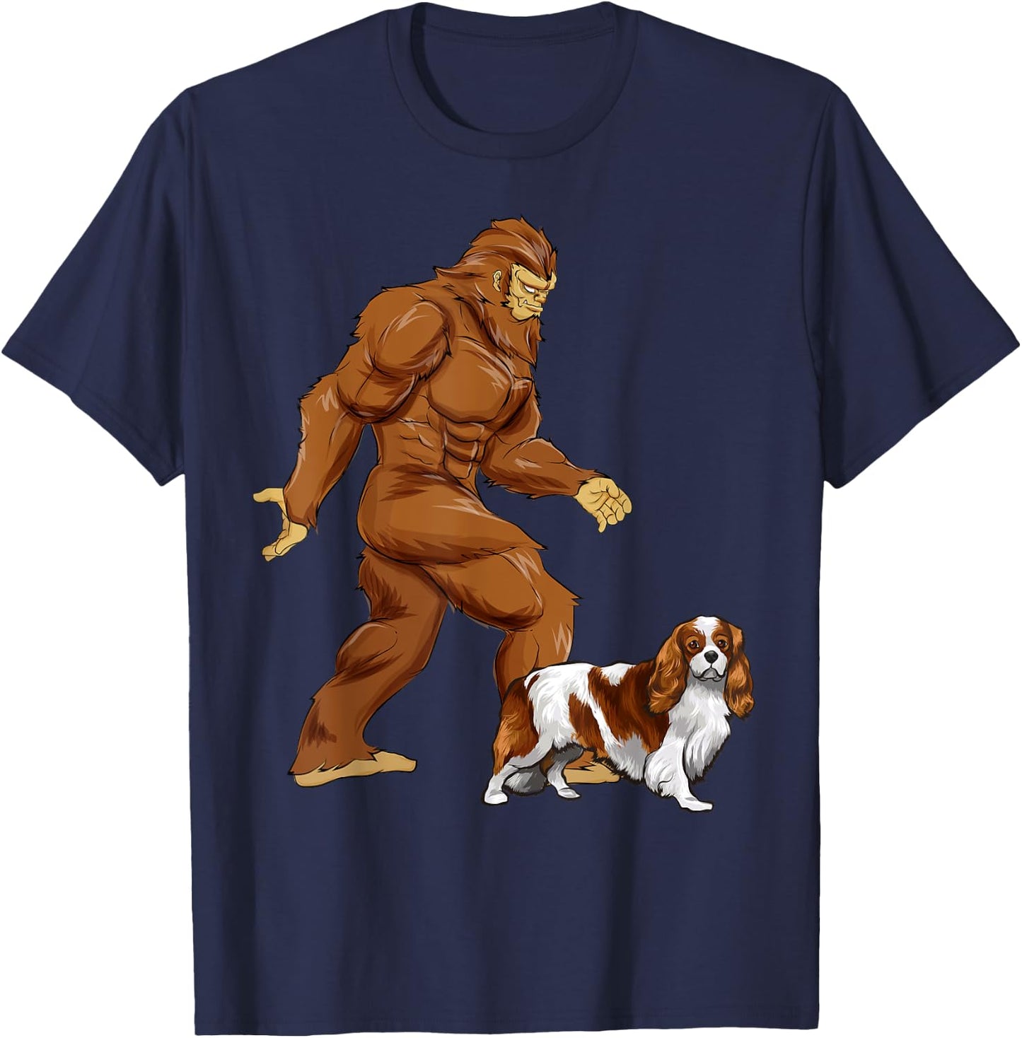 Fun Bigfoot Walking Cavalier King Charles Spaniel Sasquatch T-Shirt - T-Shirt | Navy