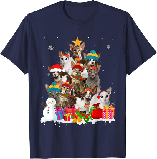 Funny Oriental Shorthair Christmas Tree Pet Cat Lover Gift Men Women Kids T-Shirt - T-Shirt | Navy