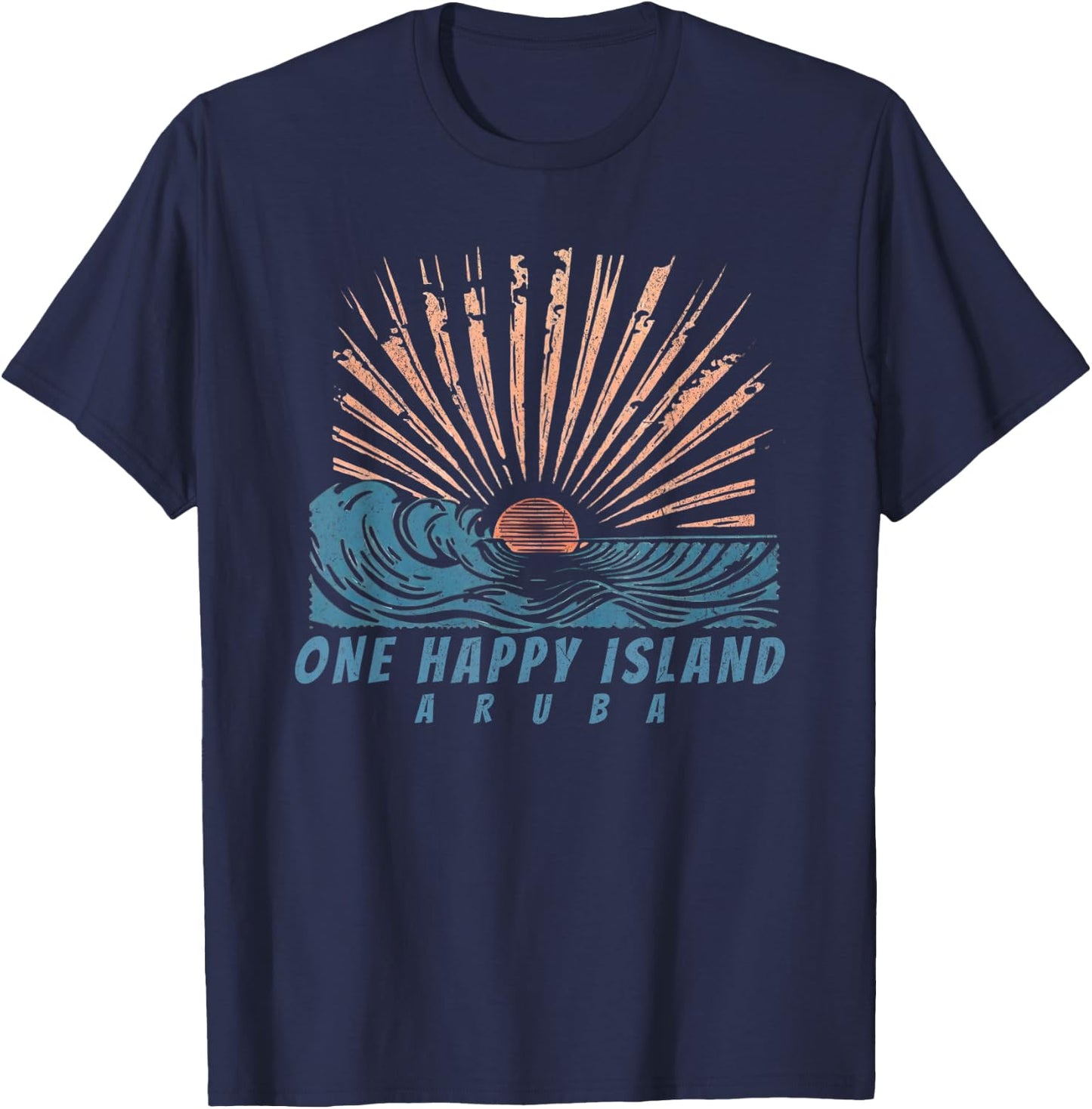 One Happy Island Aruba Sun Rays Waves Vintage Hand Drawn T-Shirt - T-Shirt | Navy