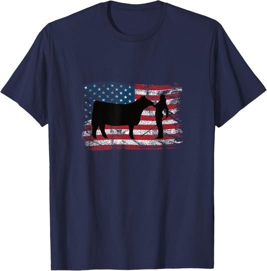 Showgirl Cattle American Patriotic USA Flag Fun Cattle Show T-Shirt - T-Shirt | Navy