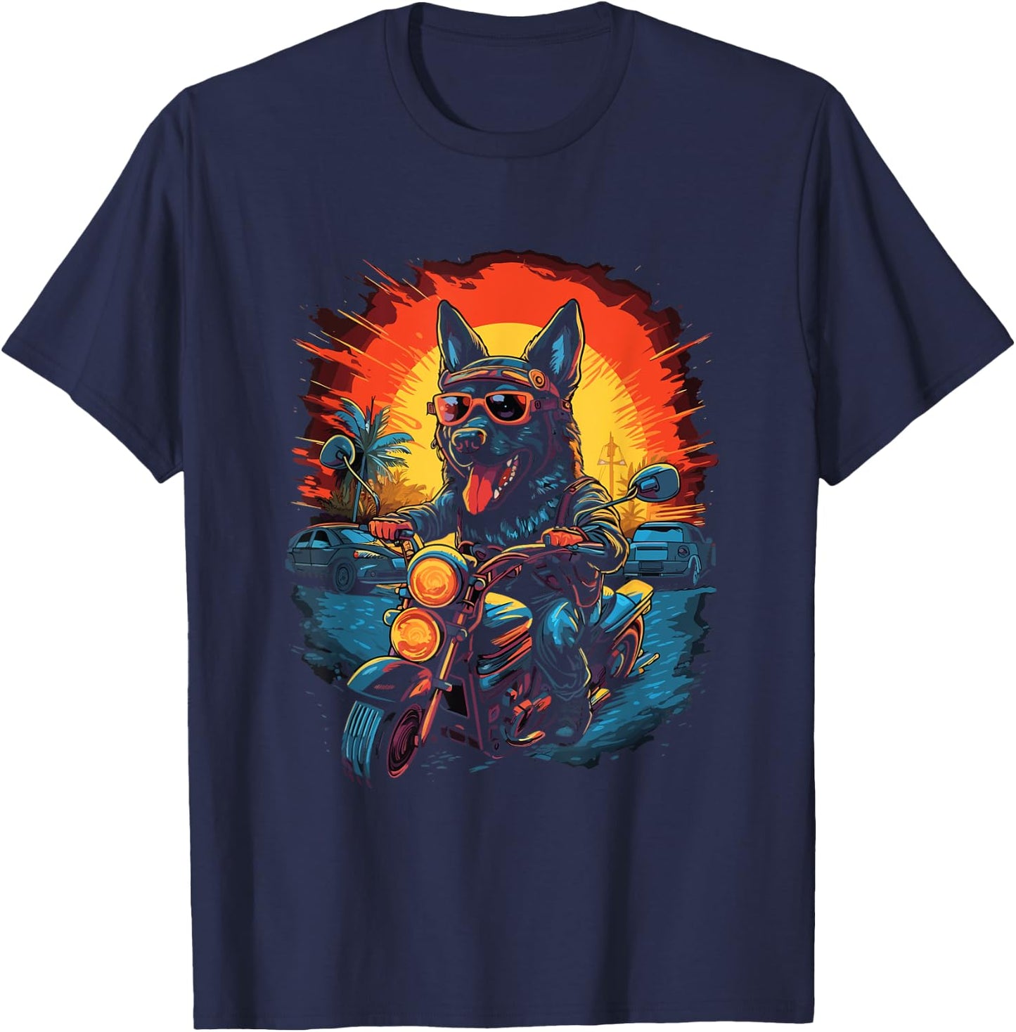 A German Shepherd dog riding a motorcycle T-Shirt - T-Shirt | Navy