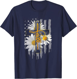 Faith Cross Casual Cross Daisy US Flag Floral T-Shirt - T-Shirt | Navy