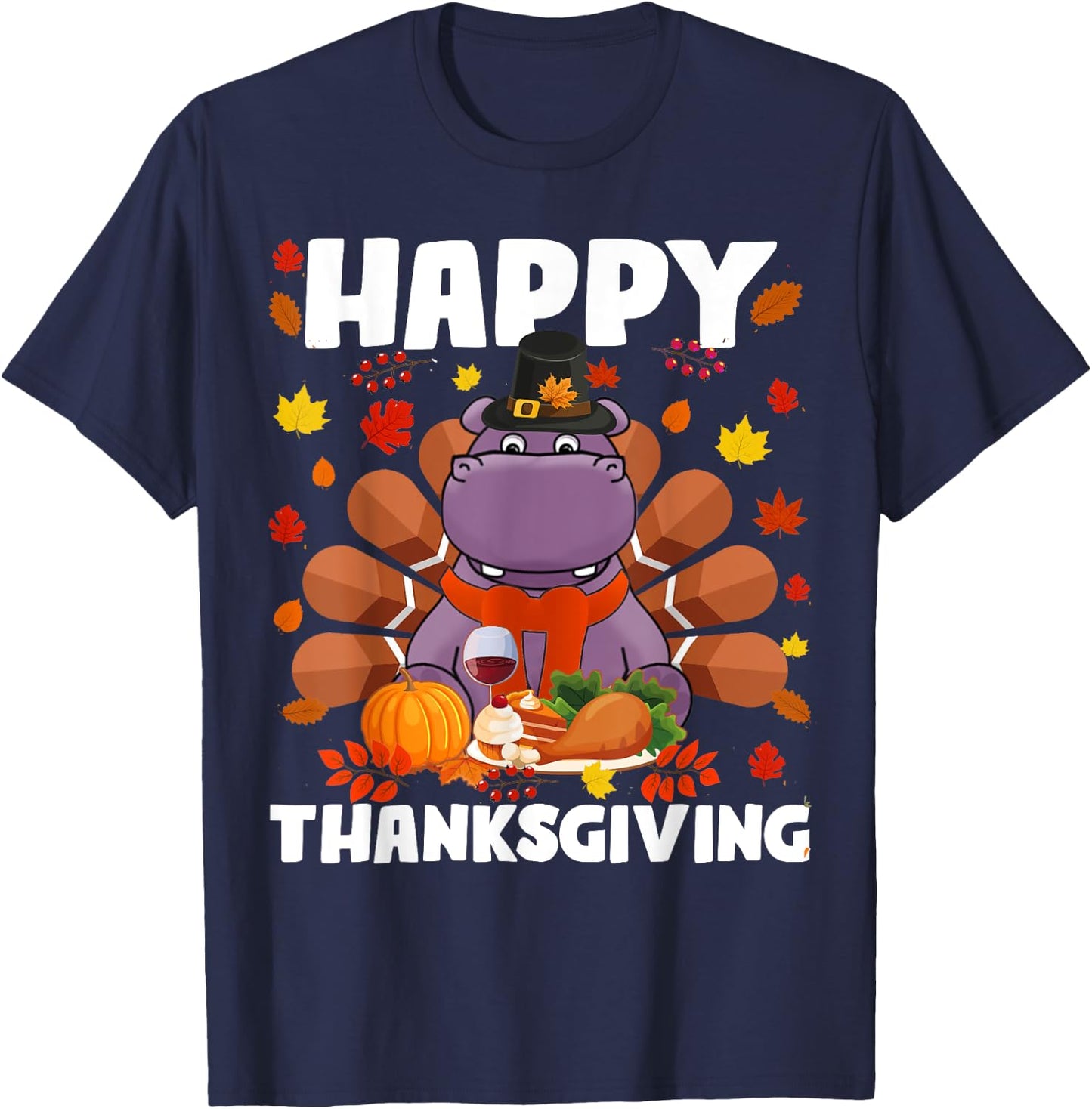 Happy Thanksgiving Funny Hippo Turkey Autumn Hippo Lover T-Shirt - T-Shirt | Navy