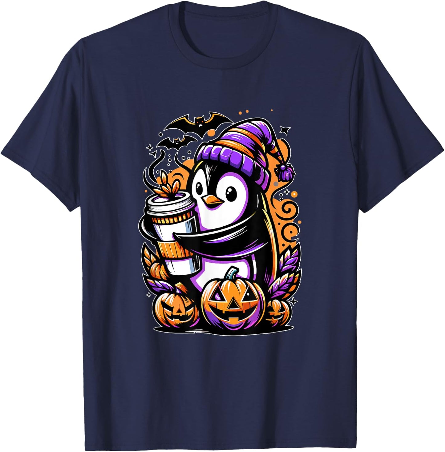 Penguin Coffee Halloween Pumpkin Cute Funny Penguin T-Shirt - T-Shirt | Navy