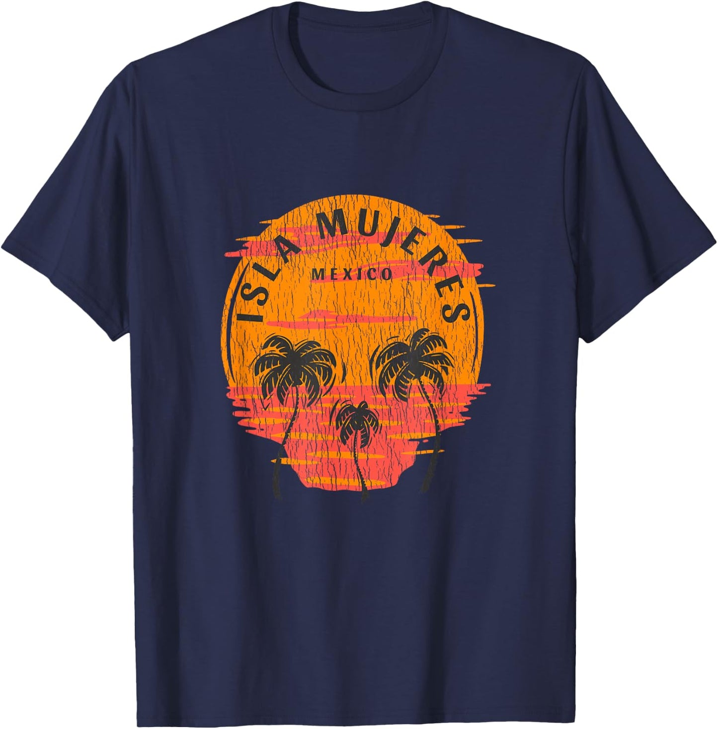 Retro Isla Mujeres Mexico Palm Trees Sunset Skull Beach T-Shirt - T-Shirt | Navy
