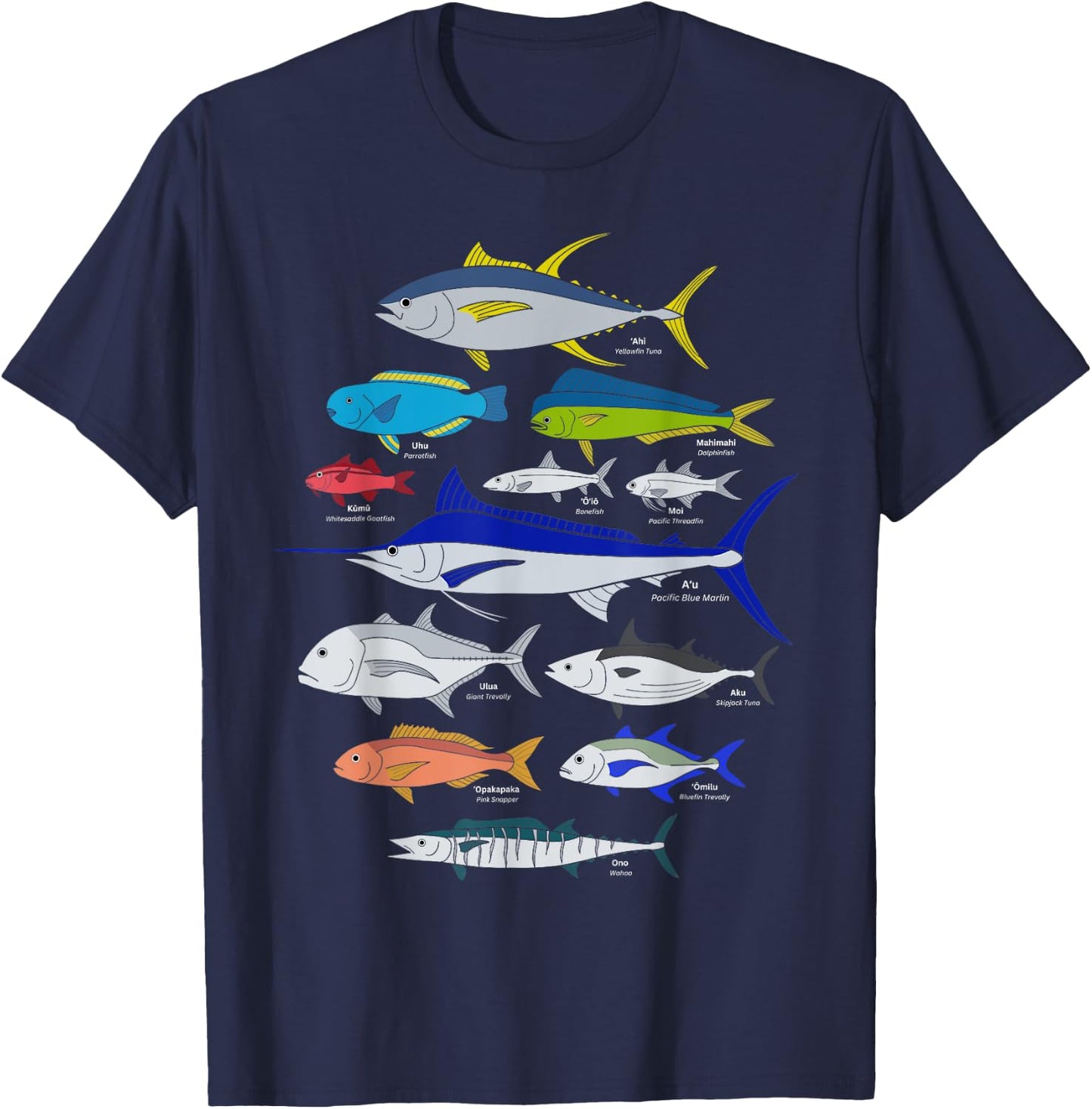 Hawaiian Fish (Ahi, Mahimahi, Ulua, Aku, Uhu, etc.) Fishing T-Shirt - T-Shirt | Navy