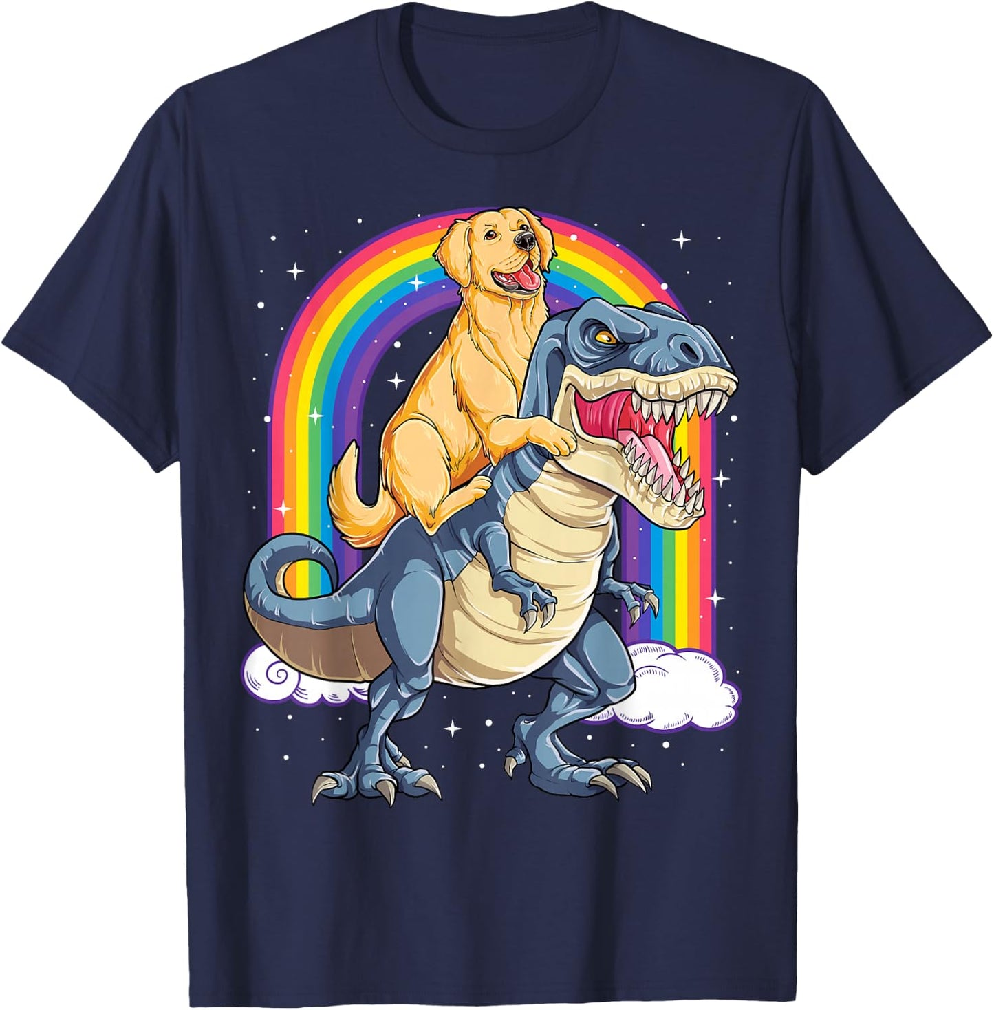 Golden Retriever Riding Dinosaur T rex Gifts Boys Rainbow Small T-Shirt - T-Shirt | Navy