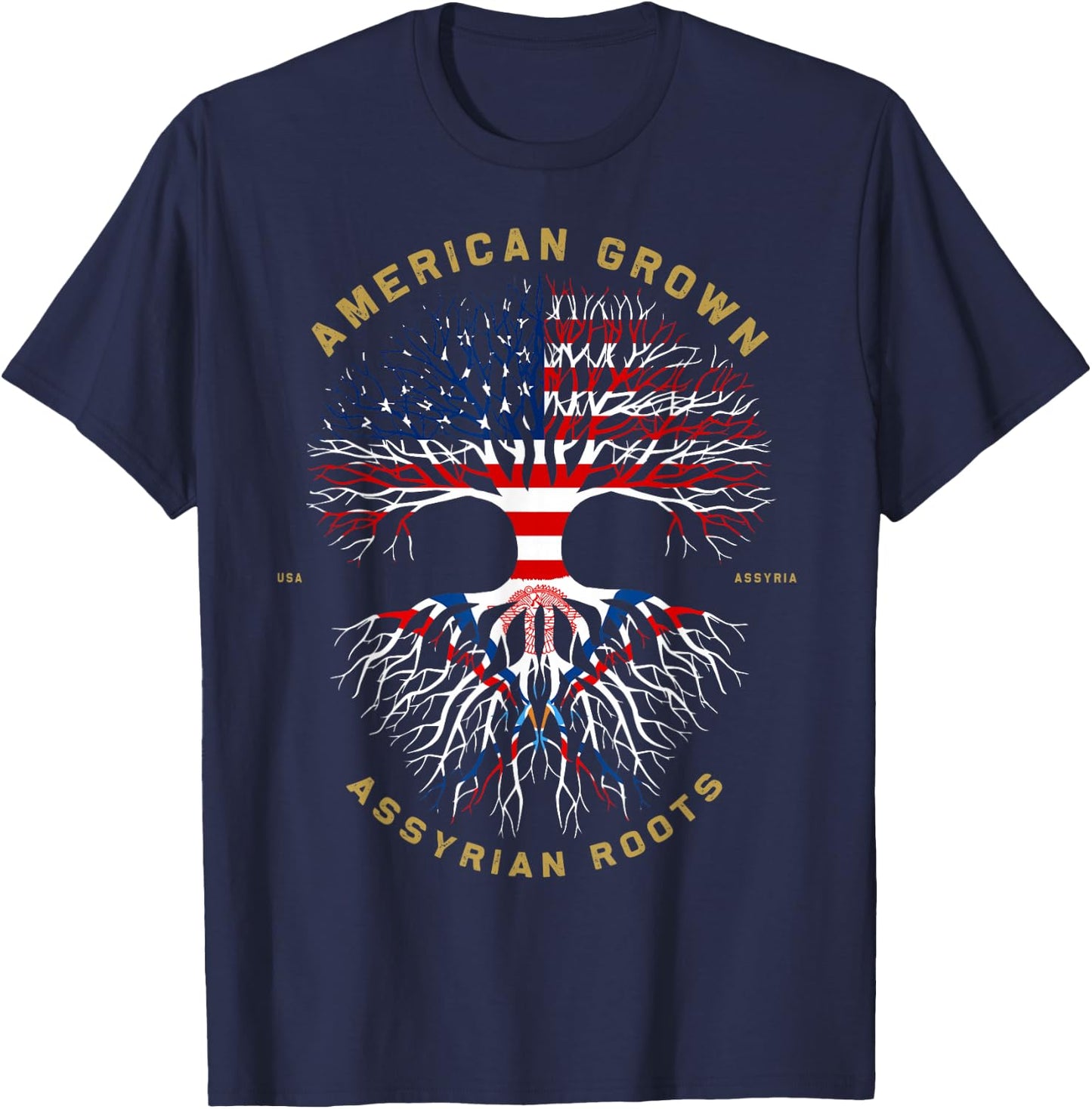 American Grown With Assyrian Roots Tree USA Flag Gifts Idea T-Shirt - T-Shirt | Navy