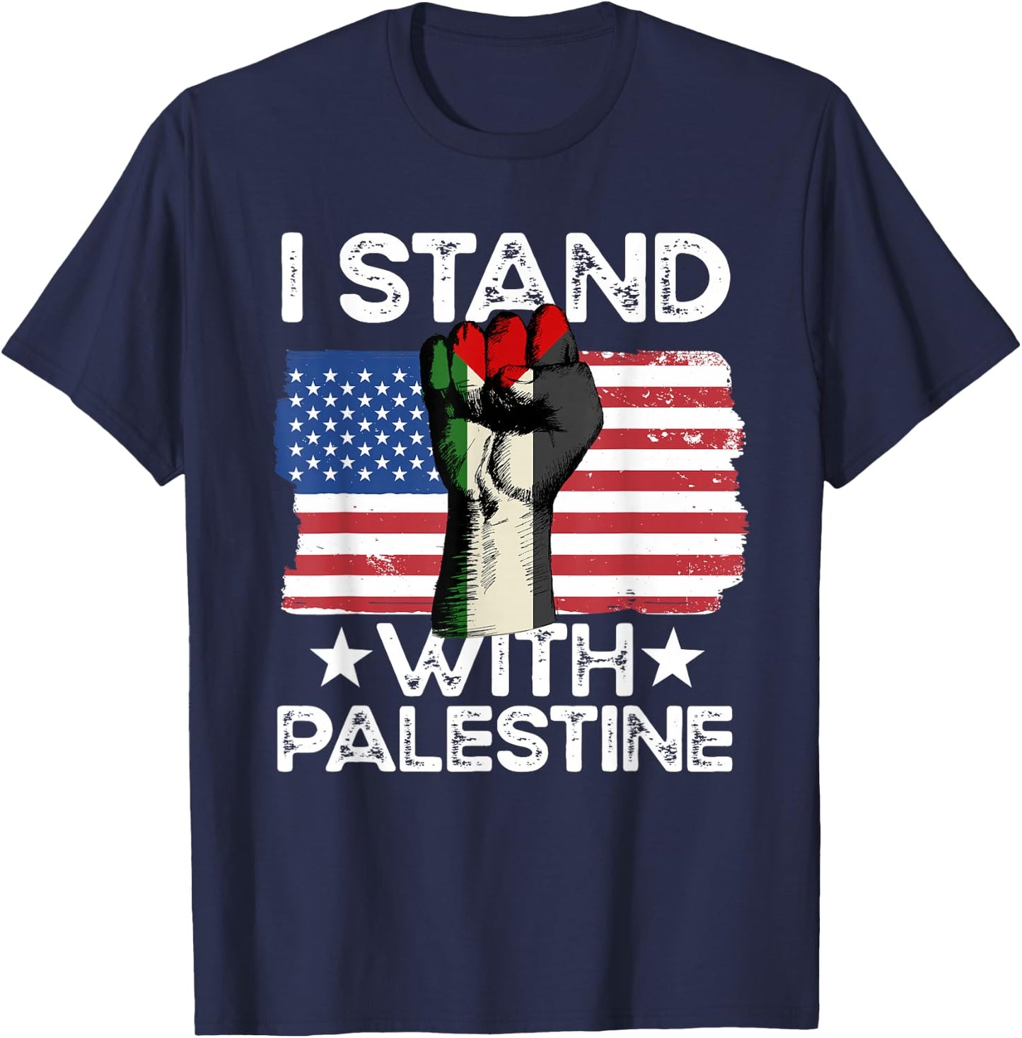Free Palestine - American Flag and Palestine Flag T-Shirt - T-Shirt | Navy