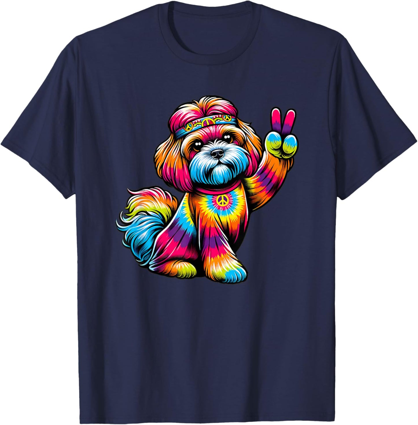 Peace Sign Tie Dye Peekapoo dog Women Kids T-Shirt - T-Shirt | Navy
