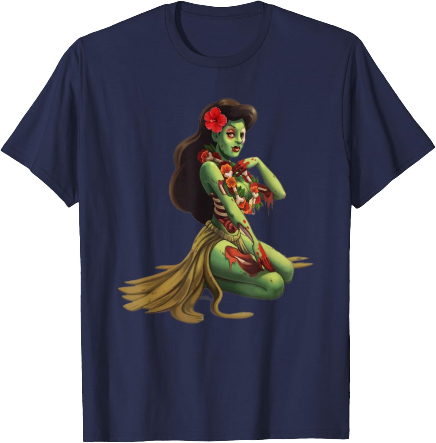 Hawaii Pin Up Girl Zombie Halloween T-Shirt - T-Shirt | Navy