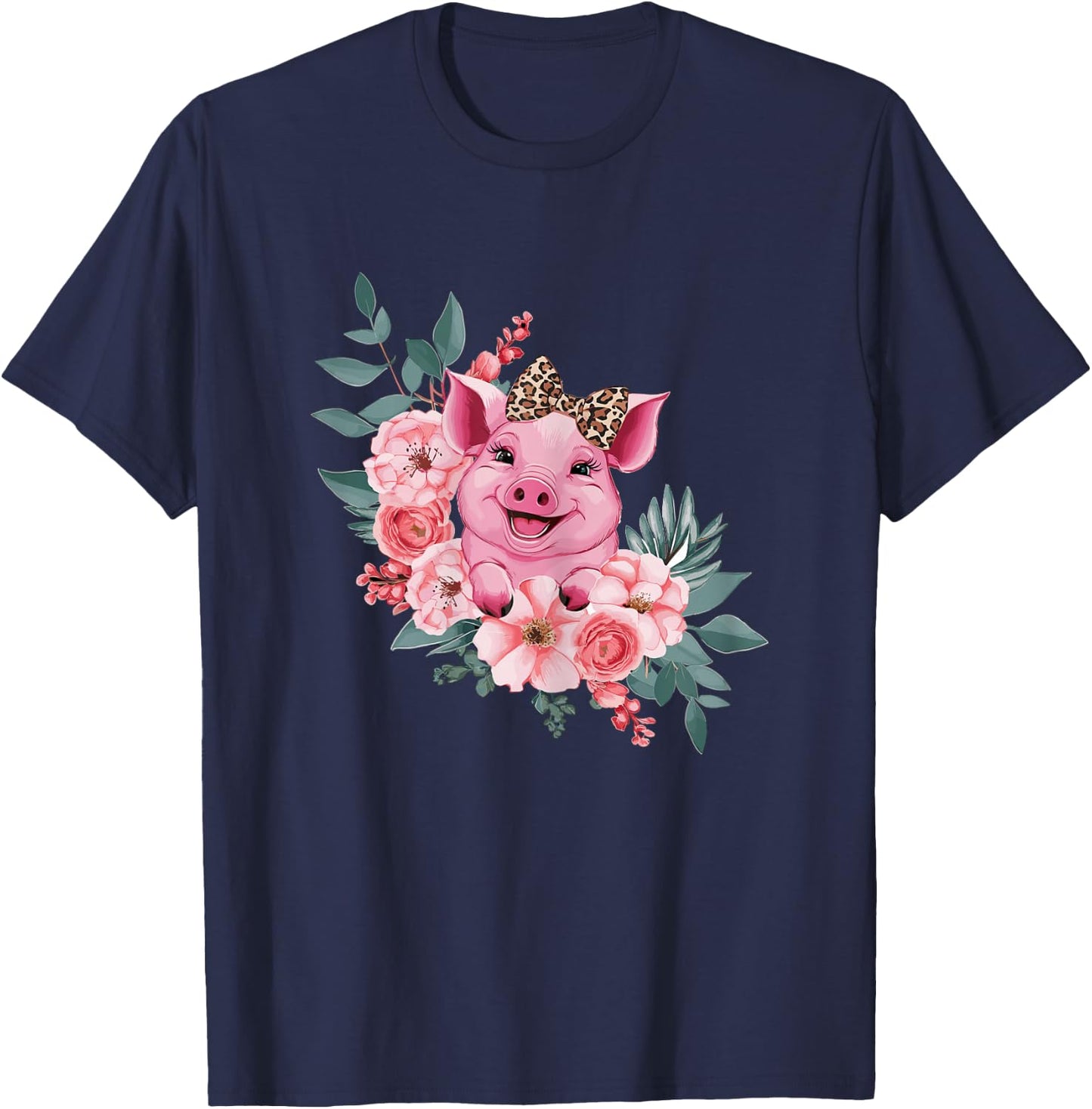 Pig With Leopard Headband Flower Pig Lover T-Shirt - T-Shirt | Navy