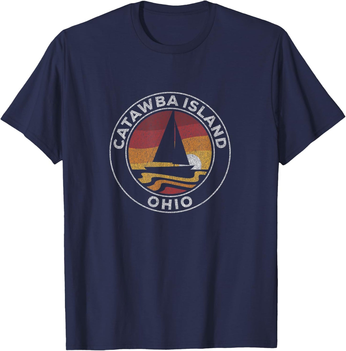 Catawba Island Ohio Vintage Sailboat 70s Retro Sunset T-Shirt - T-Shirt | Navy