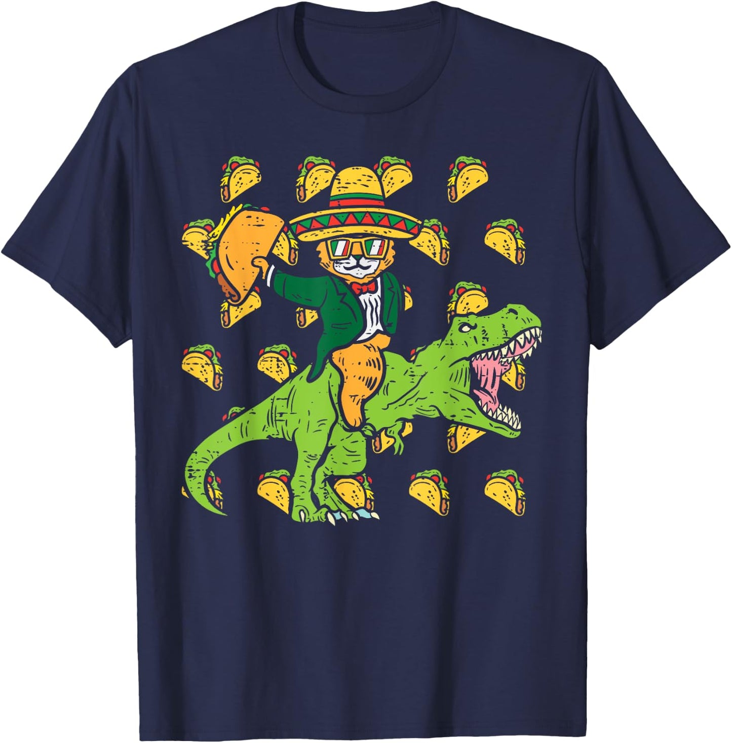 Mexican Cat Trex Tacos Funny Cinco De Mayo Fiesta Dinosaur Women Girls Kids T-Shirt - T-Shirt | Navy