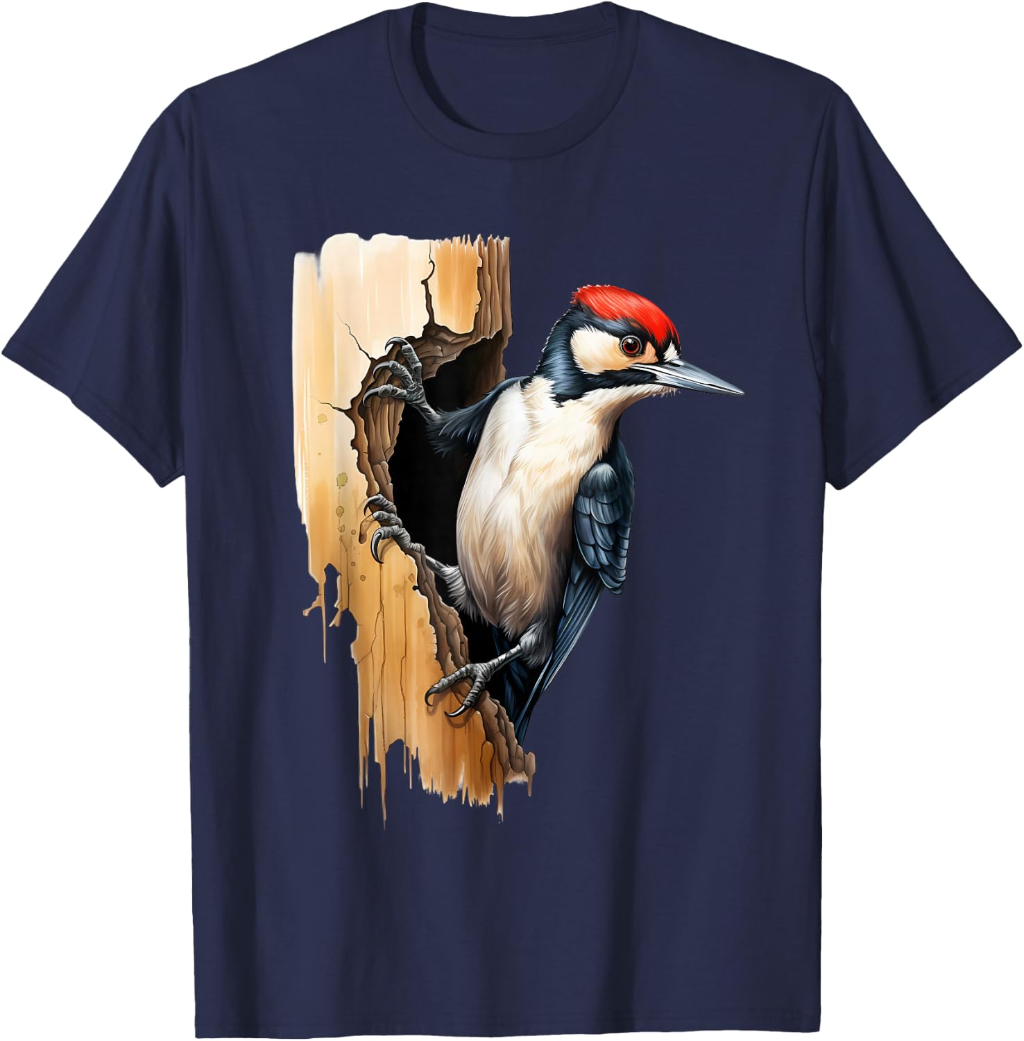 Woodpecker Wall Drawing Nature Wildlife Motif Animal Print T-Shirt - T-Shirt | Navy