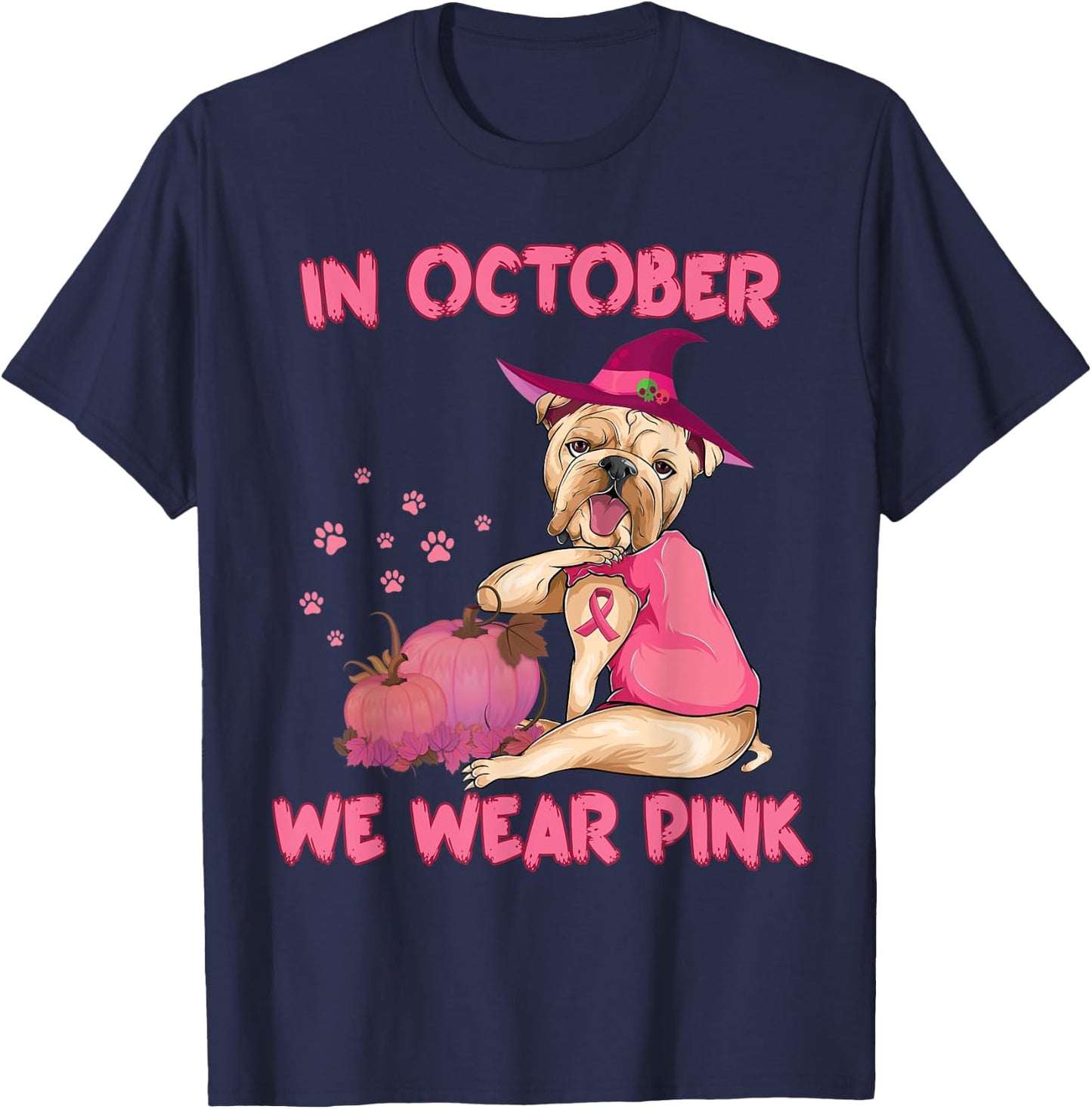 In October We Wear Pink Bulldog Dog Breast Cancer Halloween T-Shirt - T-Shirt | Navy