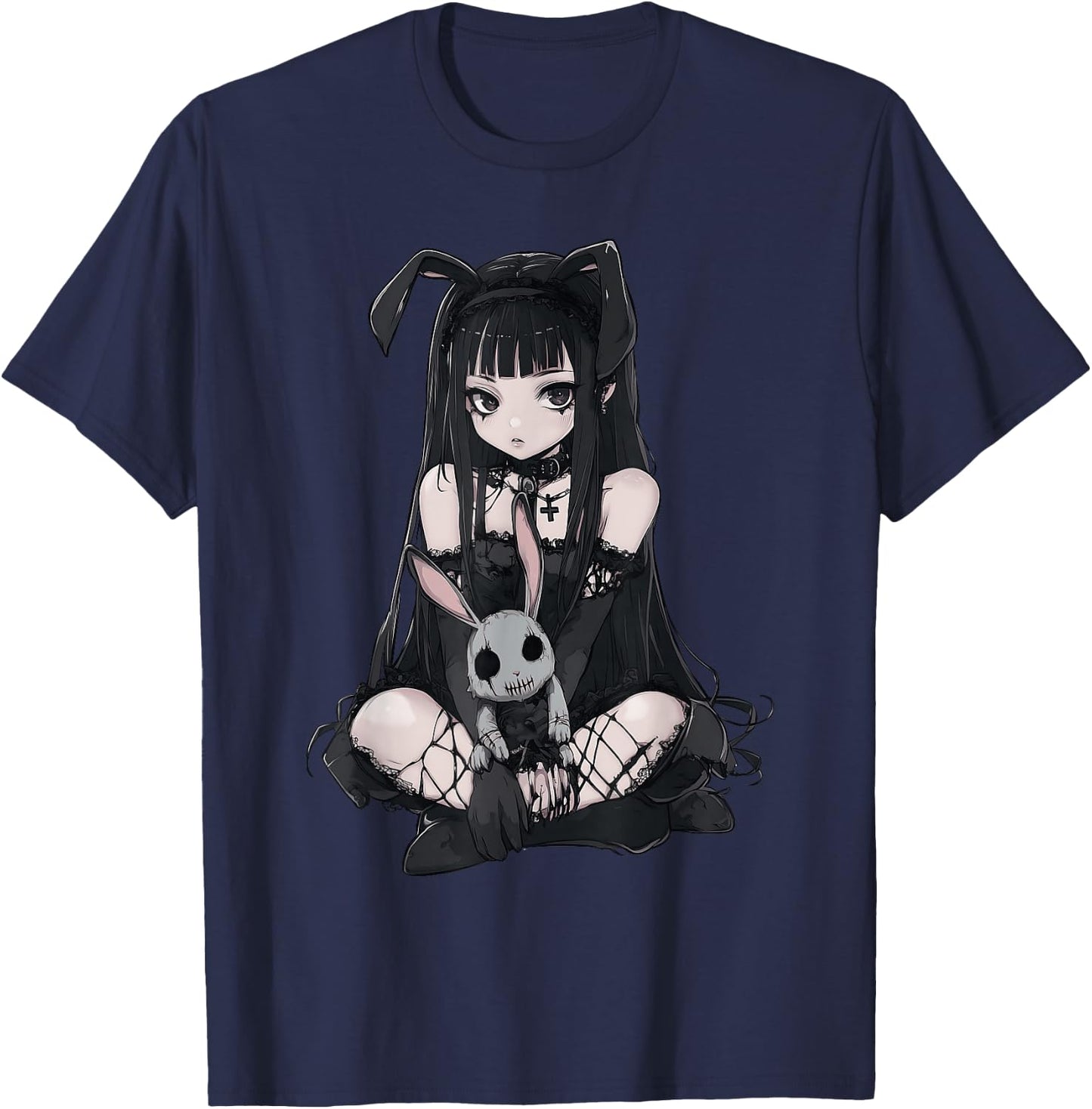 E-Girl Cute Anime Girl Goth Bunny Grunge Gothic Outfit T-Shirt - T-Shirt | Navy