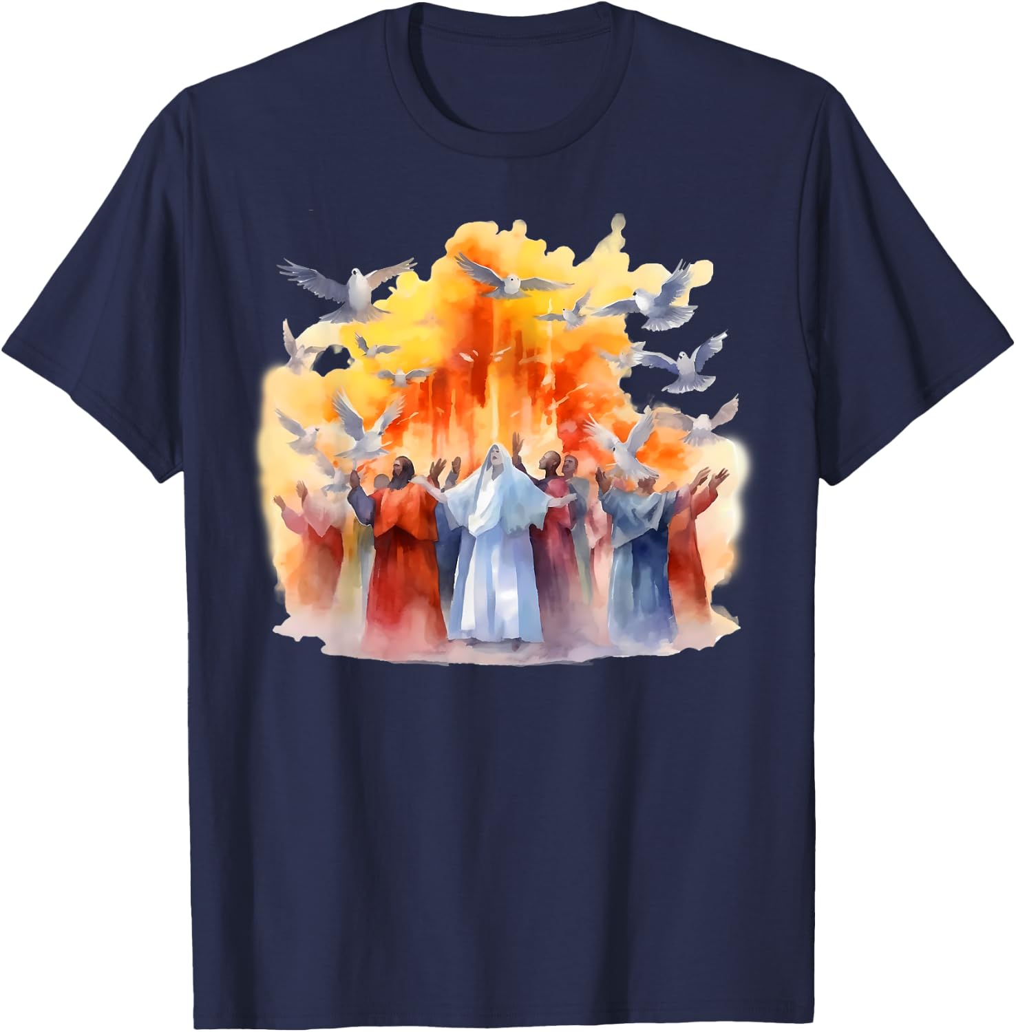 Pentecost Doves Tongues Fire Flame Holy Spirit Catholic T-Shirt - T-Shirt | Navy