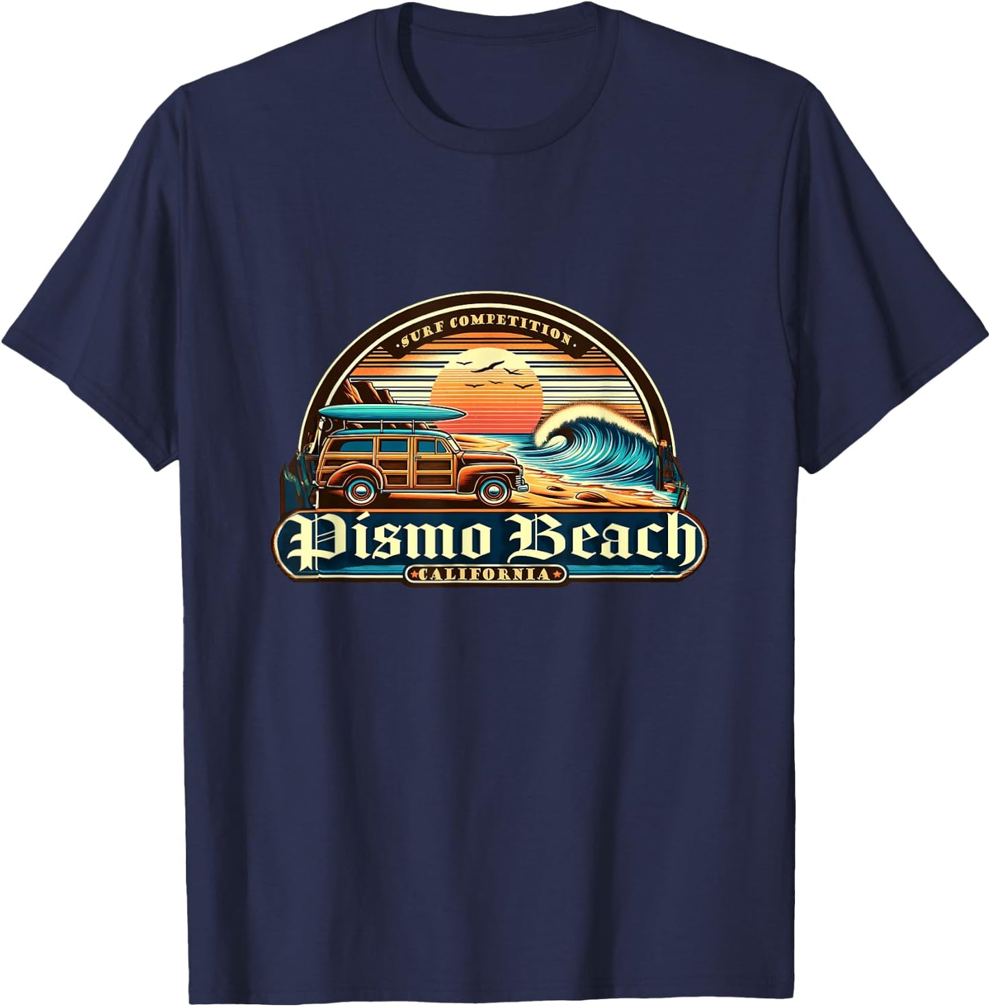 Pismo Beach, California Retro Vintage Beach and Surf T-Shirt - T-Shirt | Navy